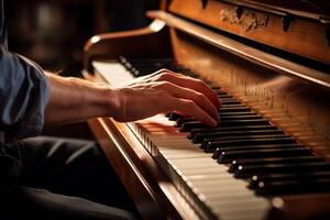 AI generated close up of hands playing the piano bokeh style background with Generated AI photo