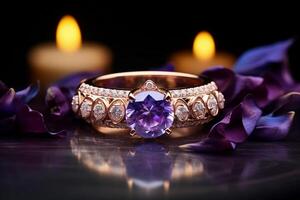 AI generated rose gold and purple gemstone ring bokeh style background with Generated AI photo