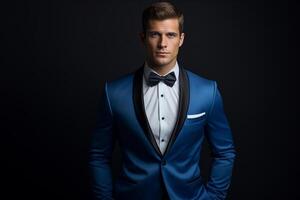 AI generated handsome man model wearing blue tuxedo bokeh style background with Generated AI photo