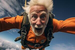 AI generated an old man taking a selfie while skydiving with Generated AI photo