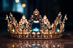 AI generated a blue diamond crown on wood table bokeh style background with Generated AI photo