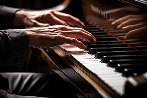 AI generated close up of hands playing the piano bokeh style background with Generated AI photo