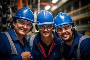 ai generado Tres mantenimiento ingeniero vistiendo azul uniforme sonriente bokeh estilo antecedentes con generado ai foto