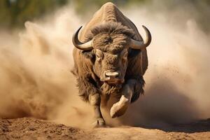 AI generated bighorn bull running through dust bokeh style background with Generative AI photo