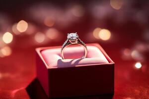 ai generado un diamante Boda anillo en un rojo caja bokeh estilo antecedentes con generado ai foto