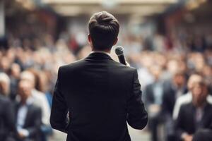 ai generado un hombre Hablando en frente de multitud personas bokeh estilo antecedentes con generativo ai foto