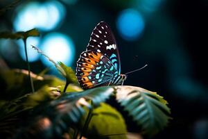 AI generated blue and yellow butterfly sitting on green plant leaves bokeh style background with Generated AI photo