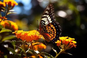 AI generated yellow butterfly sitting on green plant leaves bokeh style background with Generated AI photo