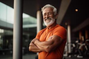 AI generated an elderly man show his muscle in the gym bokeh style background with Generative AI photo