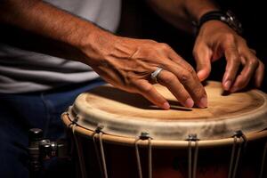 AI generated close up of hands playing drum bokeh style background with Generated AI photo