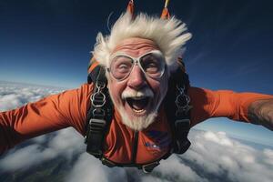 AI generated an old man taking a selfie while skydiving with Generated AI photo