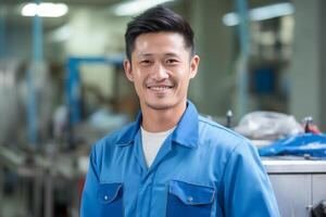 AI generated asian handyman smiling in his workshop bokeh style background with Generated AI photo