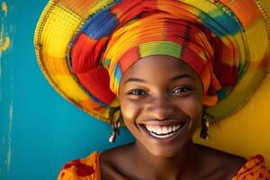 ai generado africano mujer sonriente y vistiendo vistoso vestir con generativo ai foto