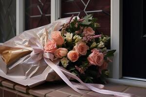 ai generado un ramo de flores de rosas en frente de el frente puerta con generado ai foto