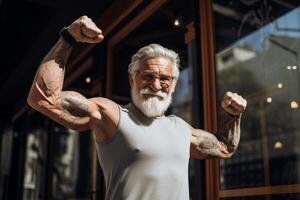 AI generated an elderly man show his muscle in the outdoor bokeh style background with Generative AI photo