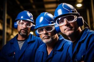 ai generado Tres mantenimiento ingeniero vistiendo azul uniforme sonriente bokeh estilo antecedentes con generado ai foto