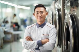 AI generated a male receptionist in laundry shop bokeh style background with Generated AI photo