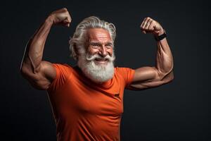 AI generated an elderly man show his muscle in dark background with Generative AI photo