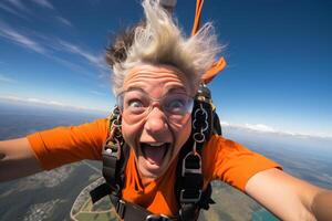 AI generated an old woman taking a selfie while skydiving with Generated AI photo