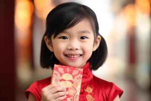 AI generated chinese young girl wearing qipao dress and holding aungpao bokeh style background with generative ai photo