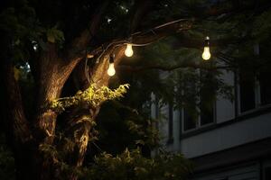 AI generated a string of lights hanging on the tree bokeh style background with generative ai photo