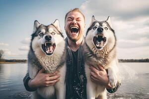 ai generado joven hombre riendo con dos perros esquimales perros con generativo ai foto