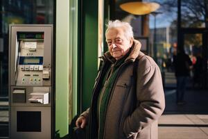 AI generated an old man standing behind atm machine with generative ai photo