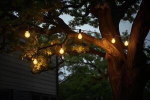 AI generated a string of lights hanging on the tree bokeh style background with generative ai photo