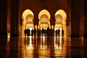 ai generado personas en un mezquita a el noche con generativo ai foto