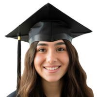 ai generado cerrado arriba de un graduarse Universidad estudiante hembra niña sonriente, vistiendo un graduación gorra, aislado en un transparente fondo, estudiante vida png