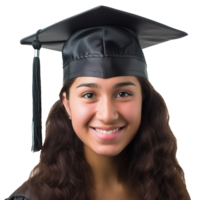 ai généré fermé en haut de une graduation Université étudiant femelle fille souriant, portant une l'obtention du diplôme casquette, isolé sur une transparent arrière-plan, étudiant la vie png