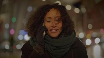 Excited Young Woman with Curly Hair Talking Happy On Phone Call video