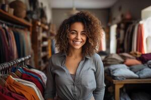 ai generado sonriente joven negocio propietario en pie en su boutique almacenar. SME negocio concepto foto