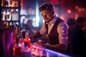 ai generado barman haciendo un cóctel a un bar. sexy barman torrencial mezclas espíritu ingredientes cóctel bebida a noche club foto
