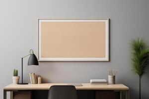 AI generated Minimalist workroom interior in modern home with big mock up empty poster frame for copy space photo