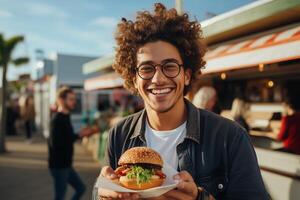 AI generated Happy customer holding hamburger and take a photo in front of food truck