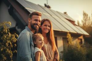 ai generado contento familia en pie en frente de un casa con solar paneles en techo. verde, renovable y limpiar energía foto