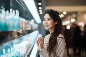 AI generated Young Caucasian woman chooses cosmetics or skincare in the store. Personal care and beauty concept photo