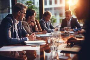 AI generated Corporate team working together in meeting room. Group of young business people discussing in office photo