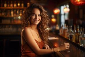 AI generated Caucasian young woman feel happy and relax drinking alcohol at night club then look at camera photo