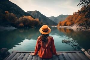 AI generated Young traveler woman looking at beautiful landscape. Holiday, Relaxation concept photo
