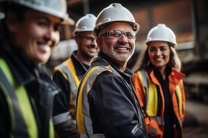 ai generado civil ingeniero equipo inspeccionar construcción sitio de industrial o comercial edificio foto