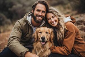 AI generated Couple walking their pet recreation together. Happy husband and wife with cute golden retriever photo