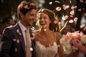 ai generado hermosa novia y novio durante un al aire libre Boda ceremonia foto