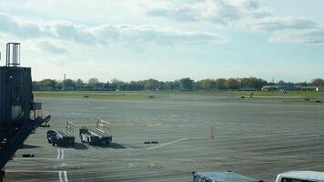 The airport view with the empty run way and sunset sunlight as background photo