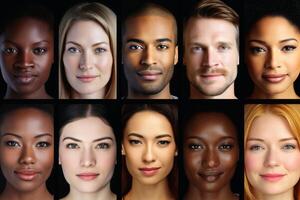 AI generated A collage of different faces of the different ethnicities. AI generated photo