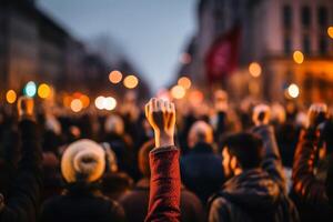 ai generado un grupo de personas levantamiento su puño como un símbolo de protesta con bokeh antecedentes. ai generado foto