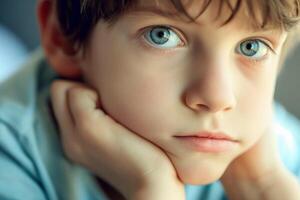 AI generated Close up portrait of a thoughtful boy. AI generated photo