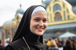 AI generated A cheerful nun in close up portrait. AI generated photo