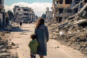AI generated A mother and her child on a road with destroyed buildings by war. AI generated photo